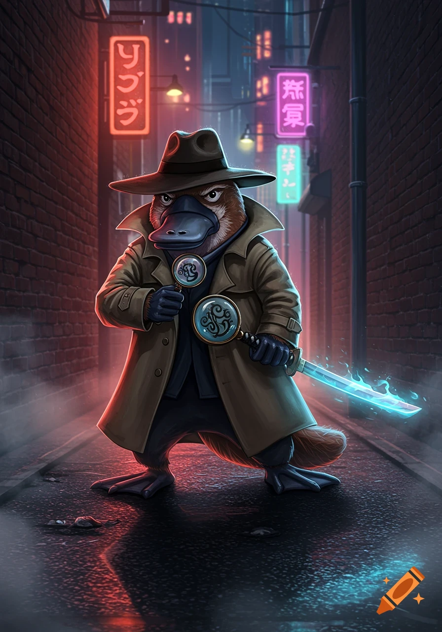 A cartoon platypus detective wearing a trench coat and fedora, holding a magnifying glass and a glowing sword, stands in a dark alley with neon signs.