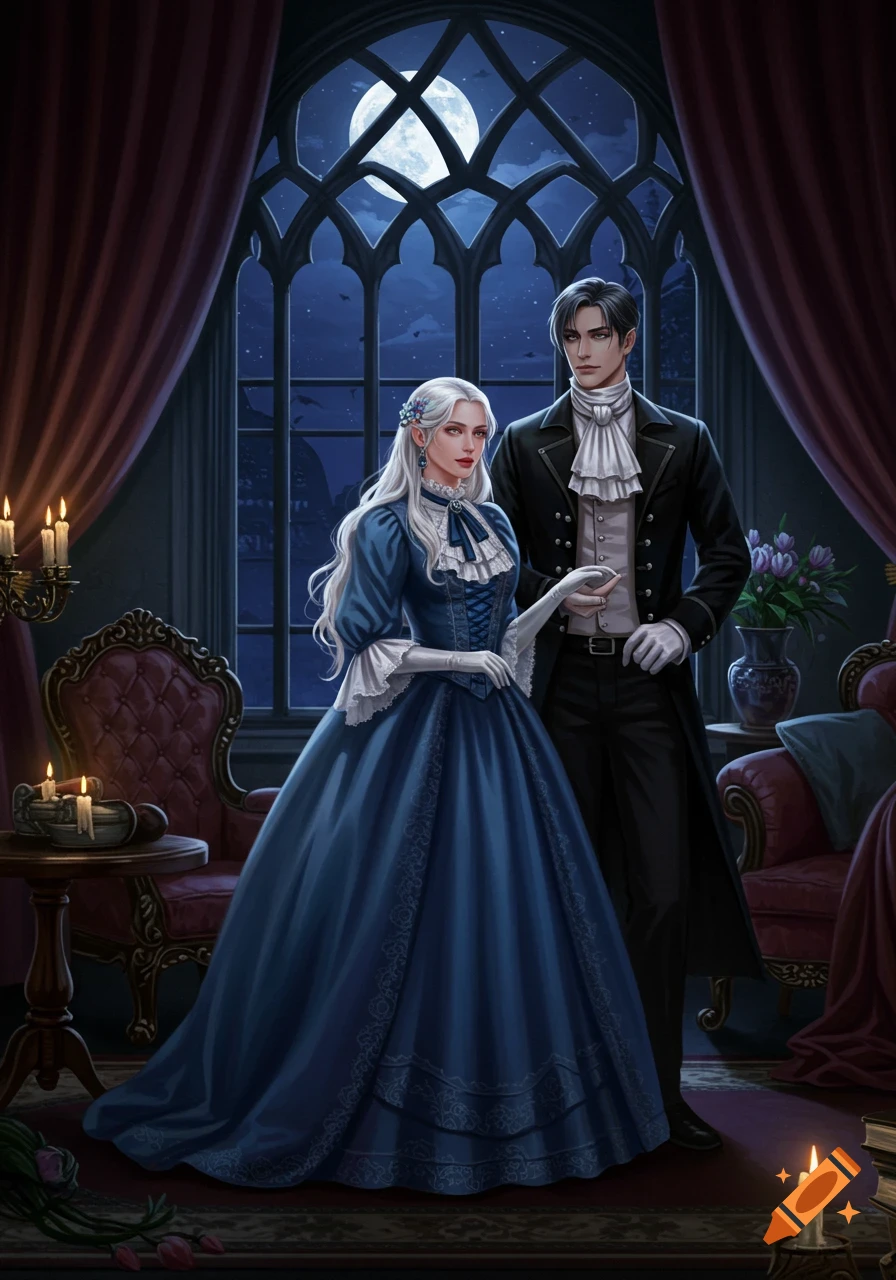 An illustrated man and woman in Victorian attire stand in a gothic room with a large window showing a full moon.