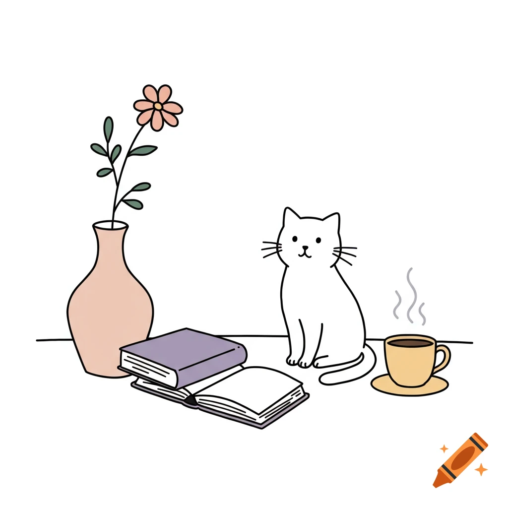 Minimalist illustration of a white cat, books, a vase with a pink flower, and a steaming cup on a white background.