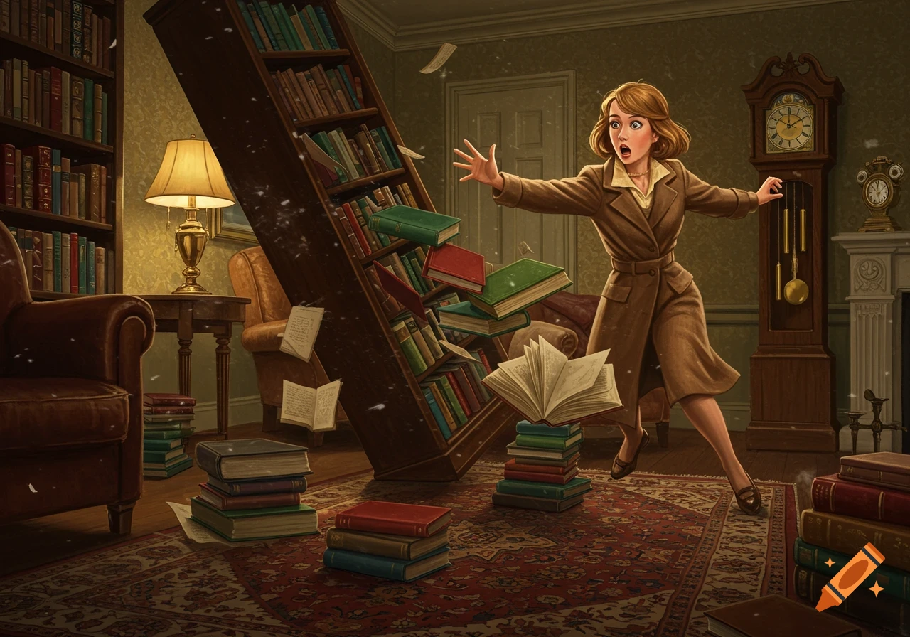 A woman with short brown hair, wearing a brown coat, reacts in shock as a tall wooden bookshelf topples over, spilling books across a patterned rug in a classic room.