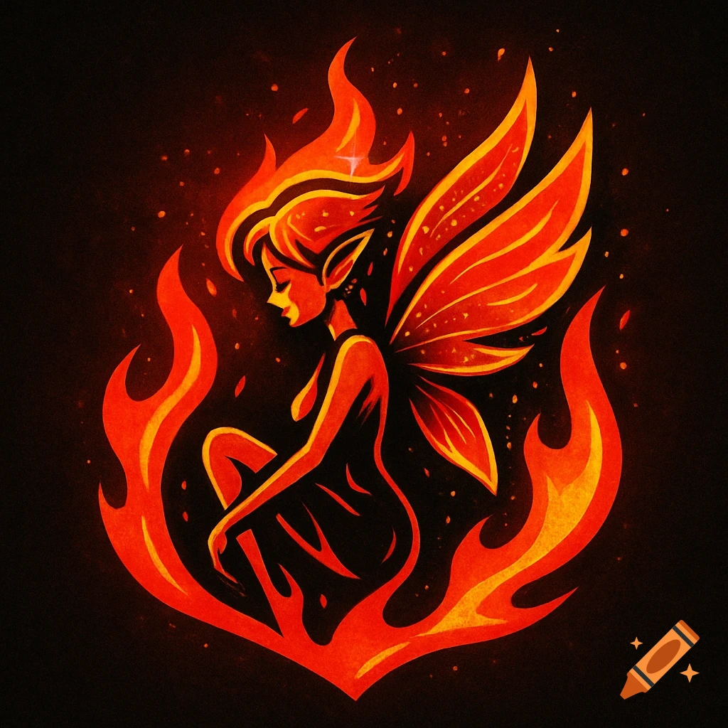 A stylized orange and red fire fairy with wings sits curled within a flame outline against a dark background.
