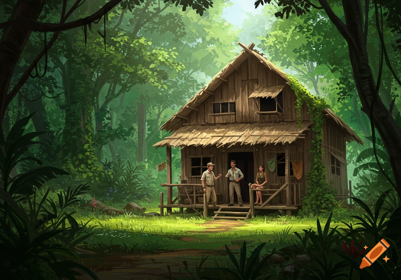 An illustration of a wooden hut with two men and a woman on its porch, surrounded by lush green jungle foliage.