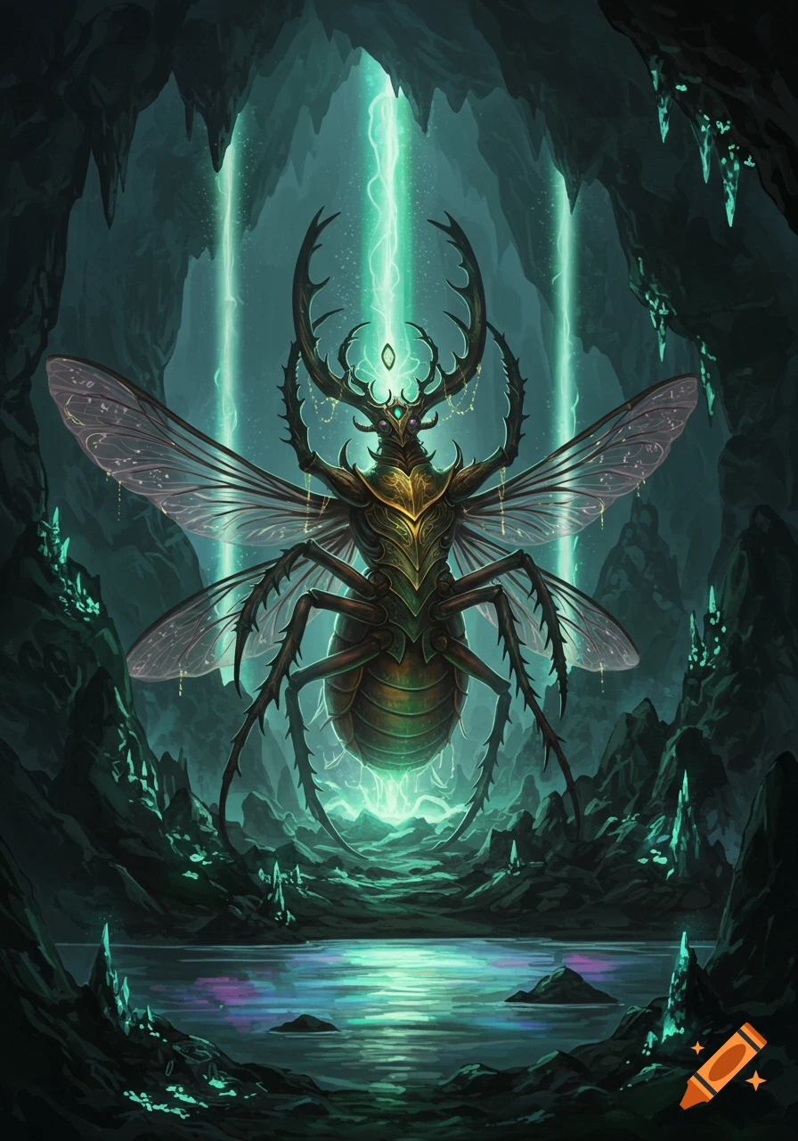 An ornate insect god hovers in a glowing underground cave, depicted in a fantasy art style.