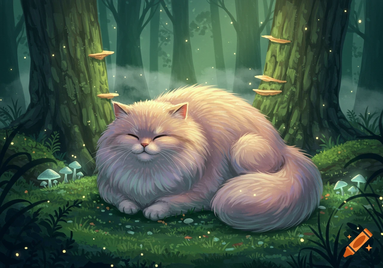 A fluffy cat with closed eyes smiles while resting on a mossy forest floor surrounded by trees and glowing mushrooms. Digital art.