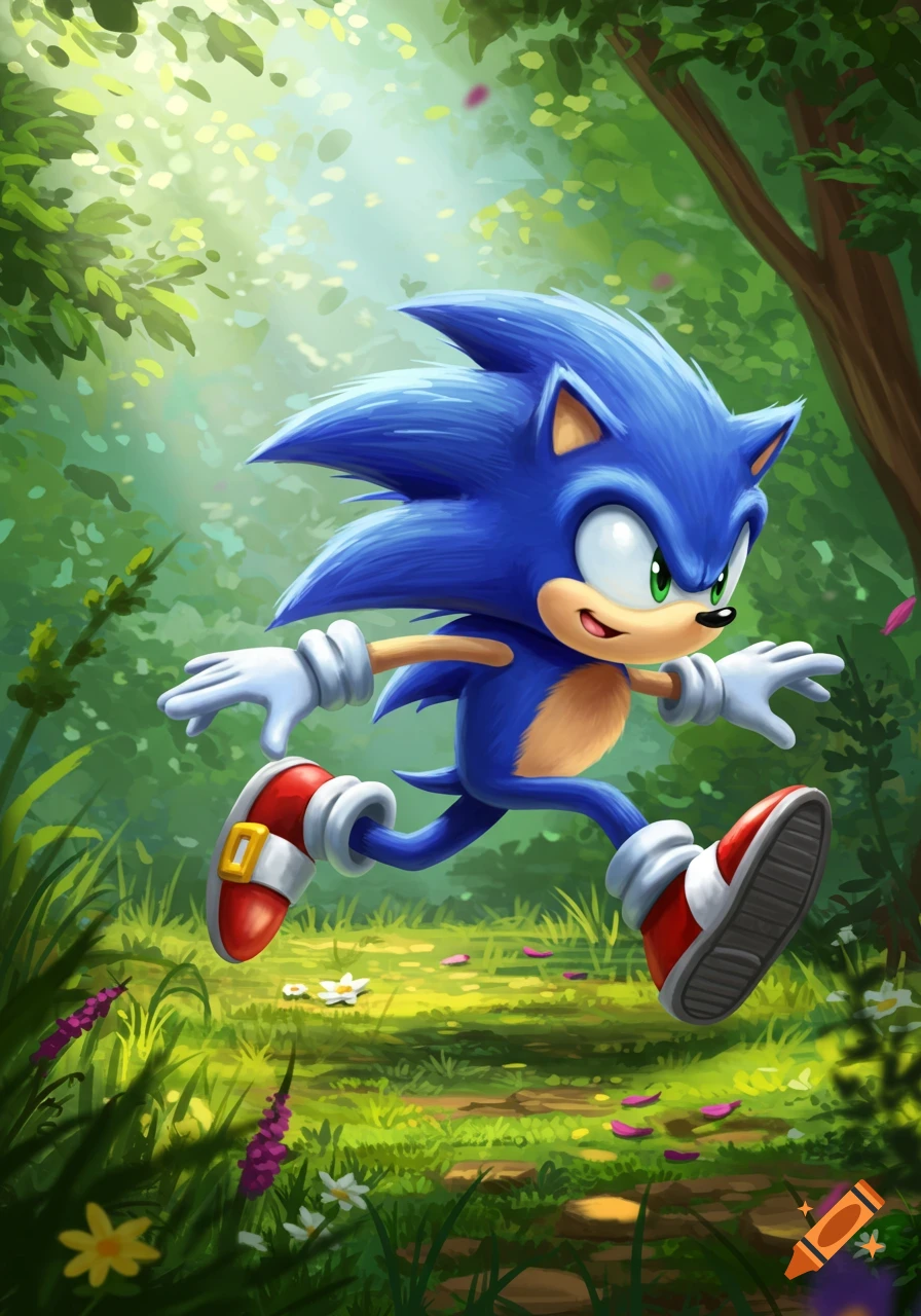 Sonic the Hedgehog leaps through a vibrant, sunlit green forest with trees and flowers.
