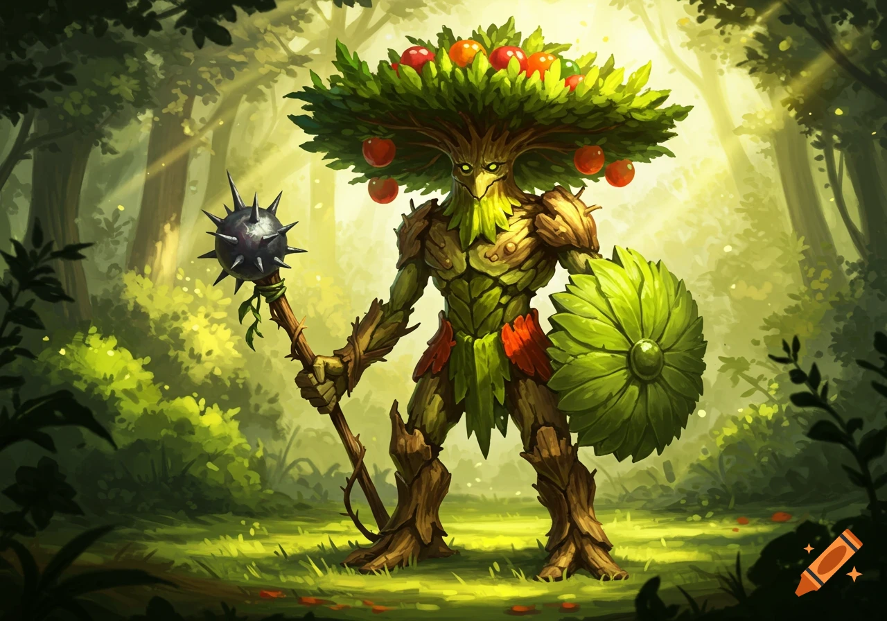 A fantasy plant man with a leafy tree crown hat stands in a sunlit forest, holding a spiky morning star and a green shield.