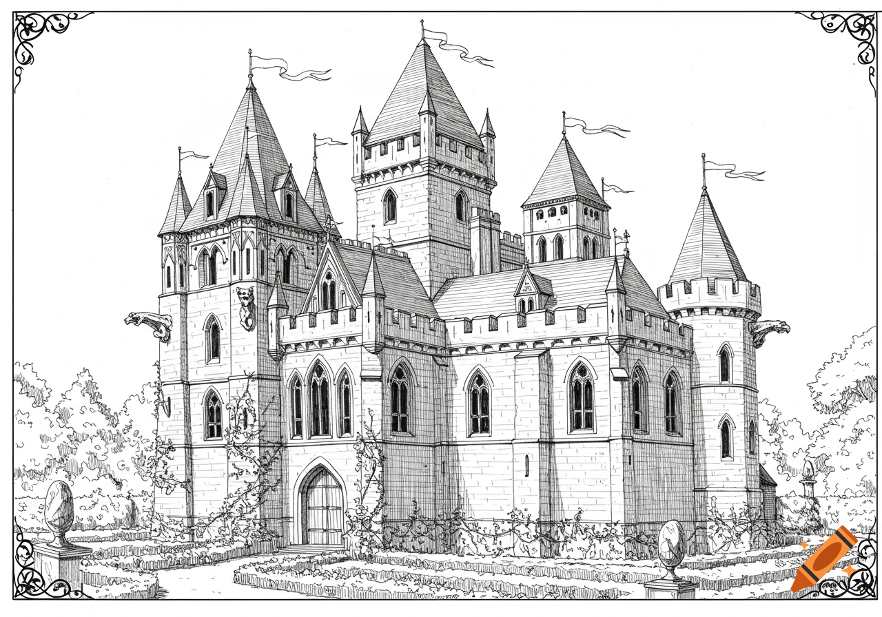 Detailed line drawing of a grand castle with multiple towers, turrets, and a large central entrance, surrounded by gardens.