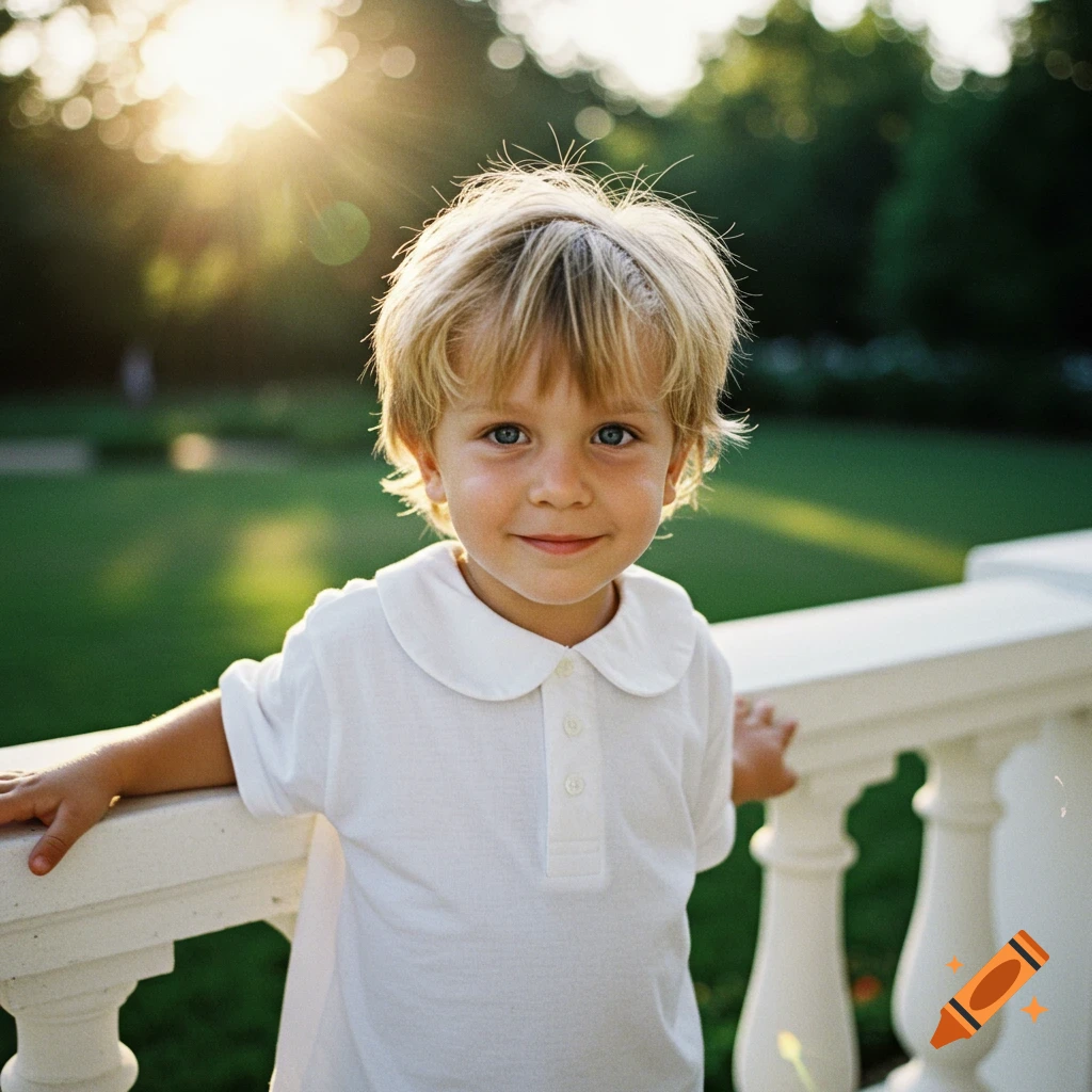 A blonde-haired boy with blue eyes in a white shirt smiles while leaning on a white railing in a sunlit backyard.