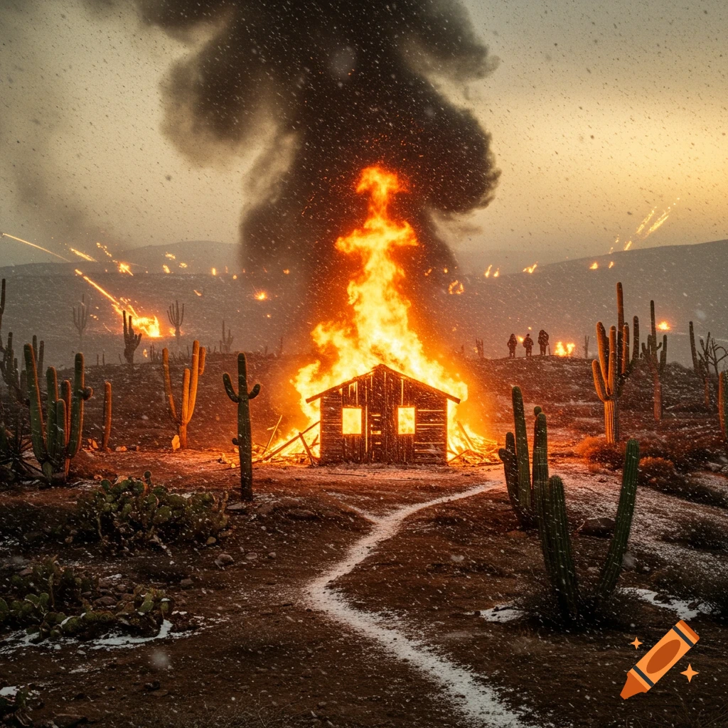 Photorealistic image of a wooden shack engulfed in massive flames, surrounded by cacti in a snowy desert at sunset, with distant explosions and spectators.