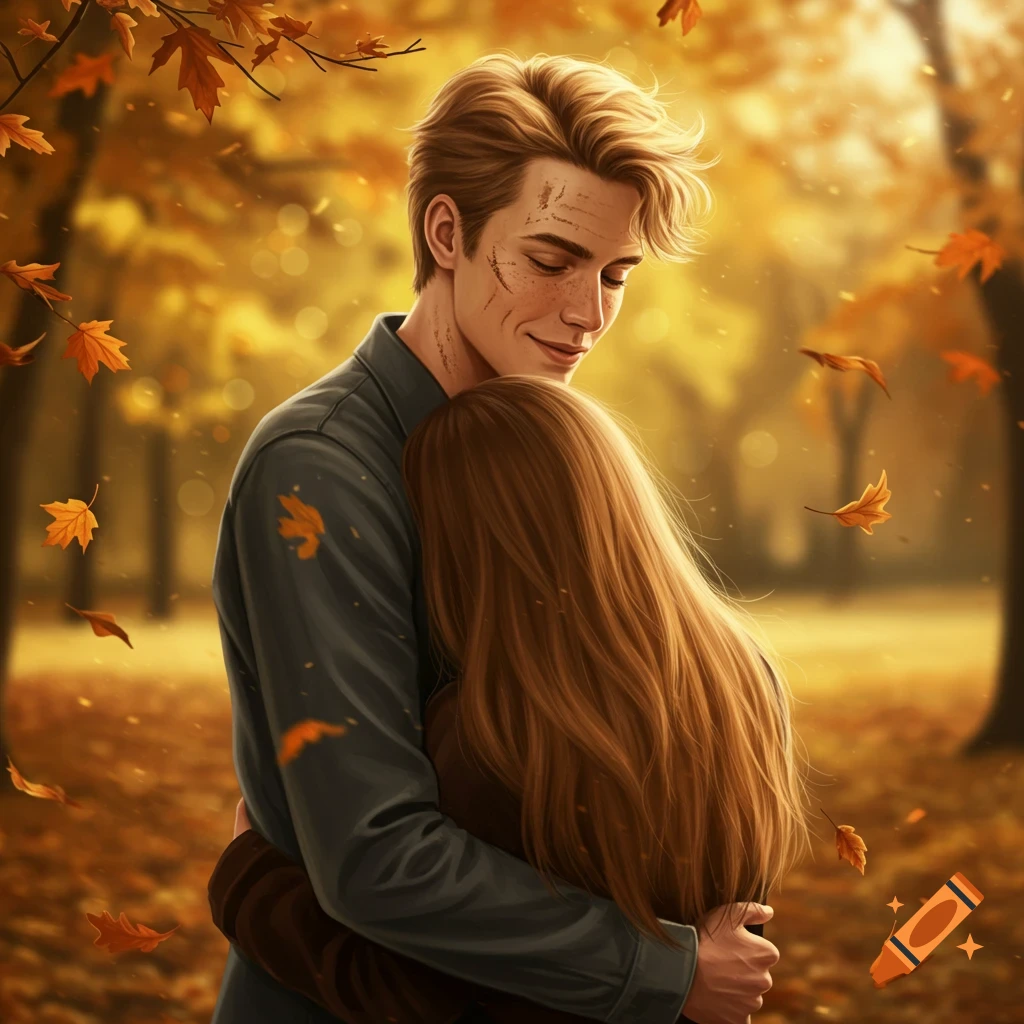 A blonde man with freckles and scars embraces a brown-haired woman in an autumn forest with falling leaves. Painterly style.