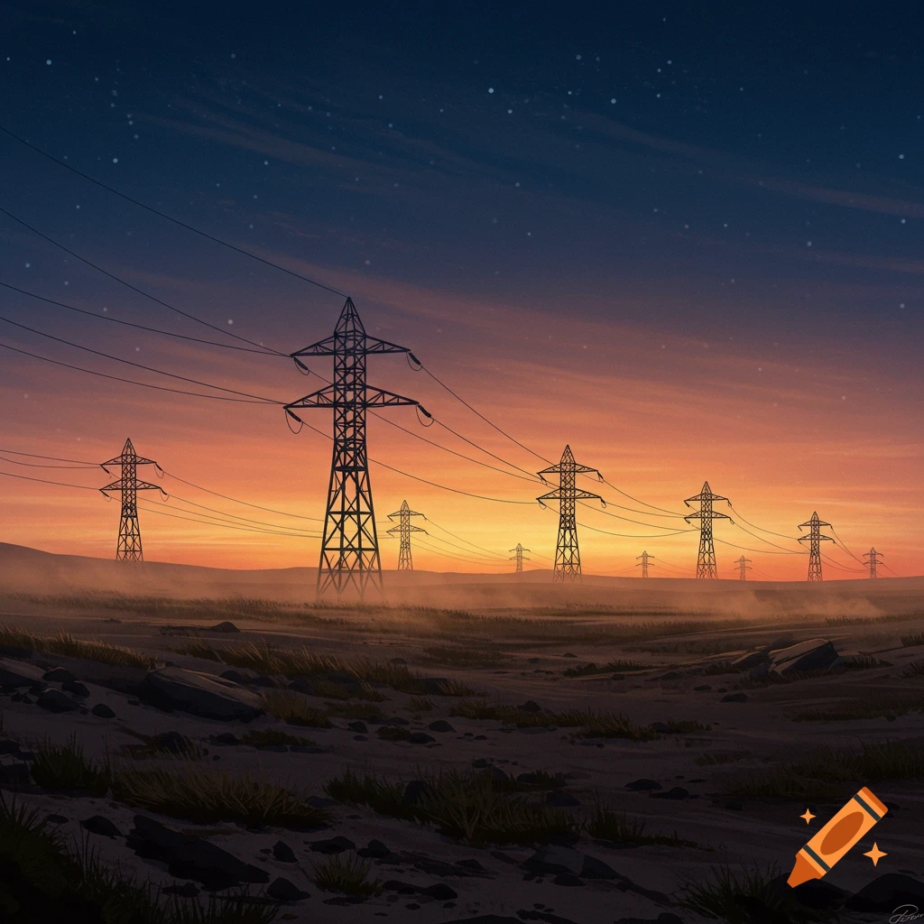 Digital art of power line towers stretching across a barren landscape at sunset under a star-dotted sky.
