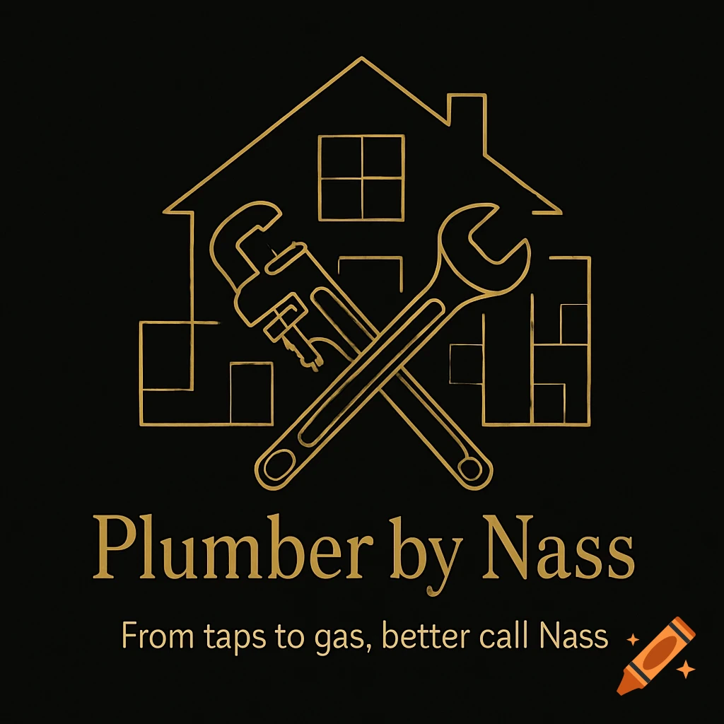 Gold outline logo on black: a house, crossed pipe and shifter wrenches, with text 'Plumber by Nass' and slogan.