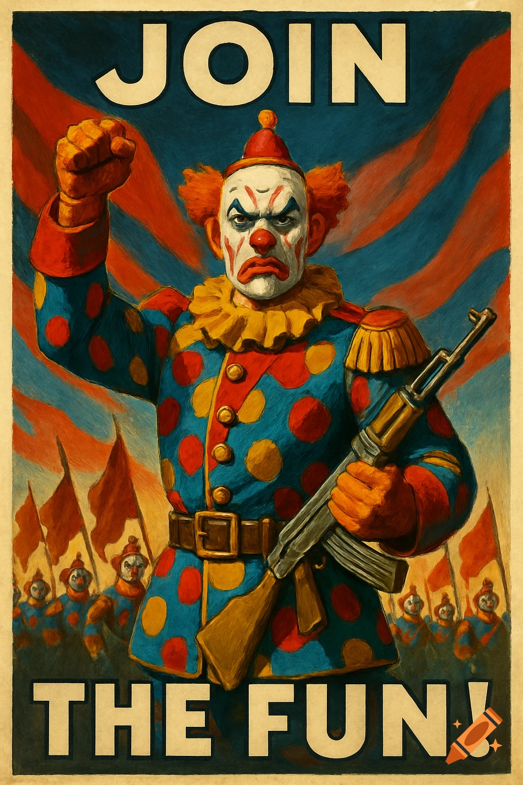A vintage propaganda poster shows an angry clown soldier with an AK-47 style rifle, a raised fist, and 'JOIN THE FUN!' text.