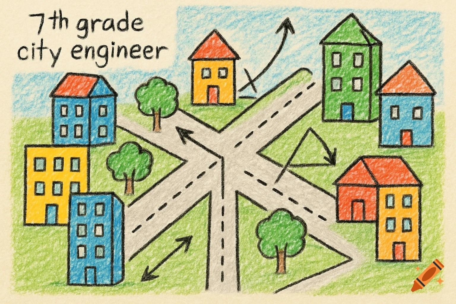A crayon drawing depicting a city plan with houses, trees, roads, and arrows, titled '7th grade city engineer'.