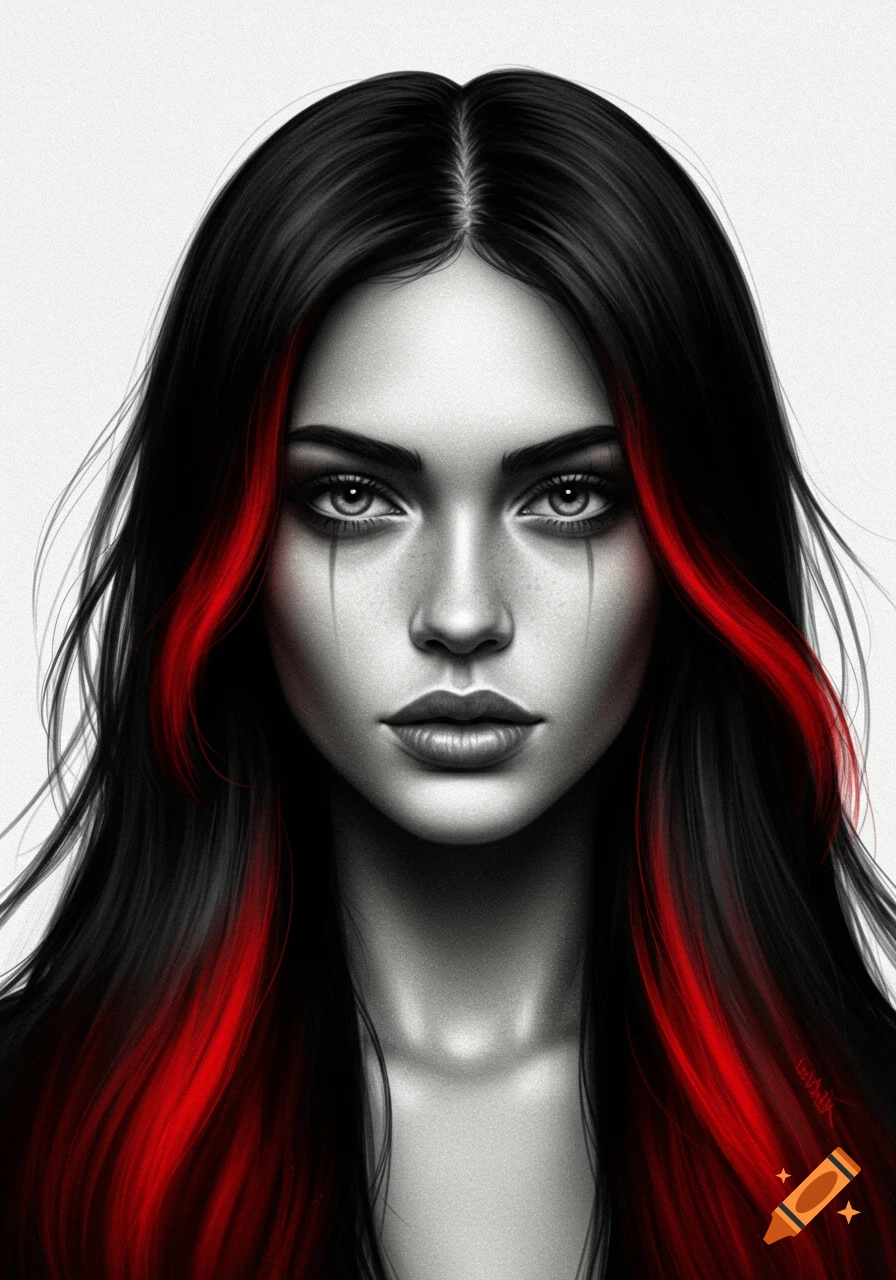 Charcoal portrait of a woman with long black hair and striking red streaks.
