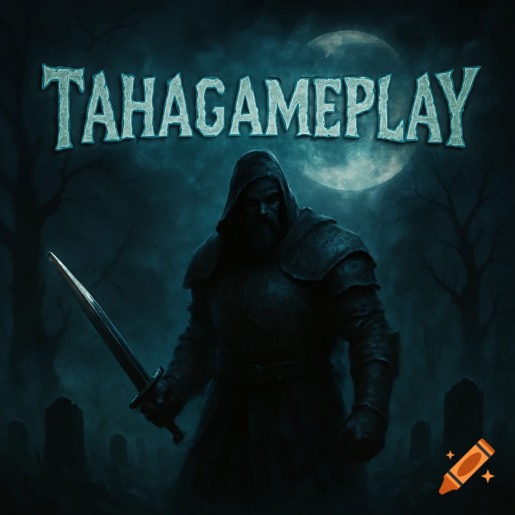 A hooded warrior with a sword stands in a dark, foggy graveyard under a full moon, with 'TAHAGAMEPLAY' text above.