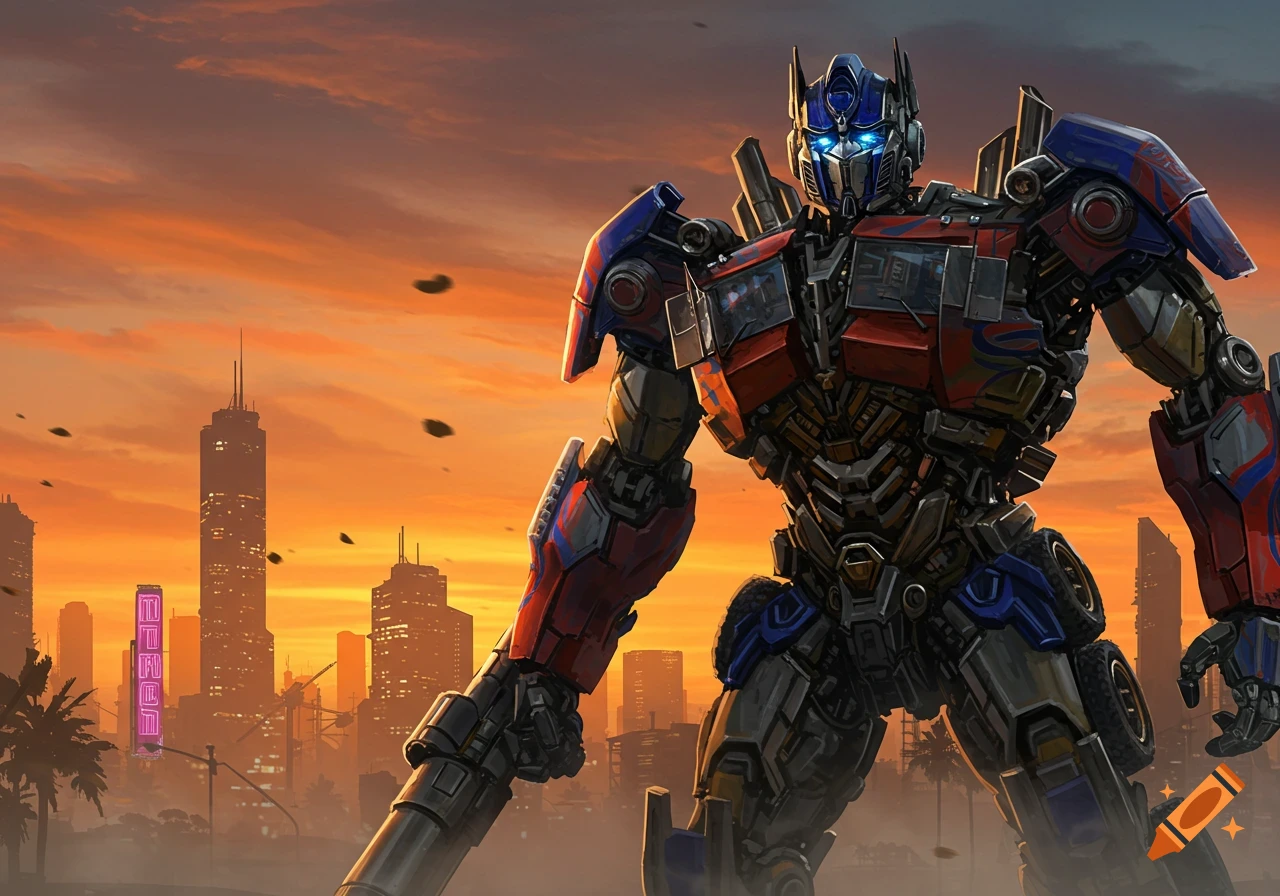 Optimus Prime stands prominently in a detailed city at sunset, with buildings silhouetted against an orange sky.