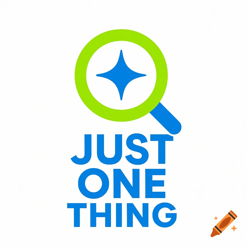 A logo featuring a green magnifying glass with a blue four-pointed star inside, above the blue text "JUST ONE THING".