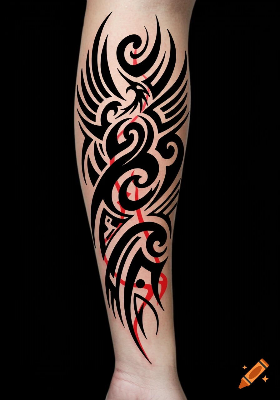 Black and red tribal phoenix tattoo on a person's leg or arm against a black background.