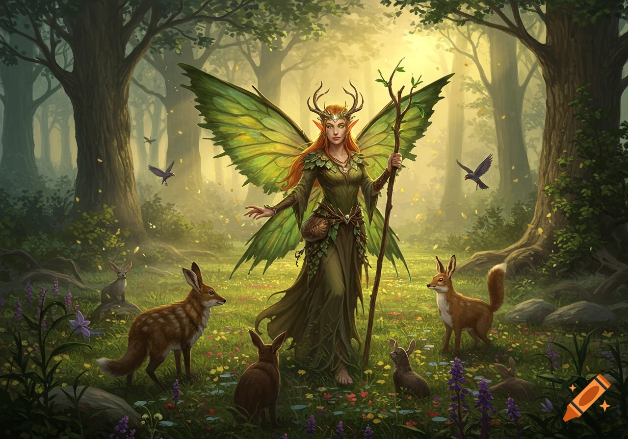 A fairy druid with green wings and antlers stands in a sunlit forest surrounded by foxes, rabbits, and birds.