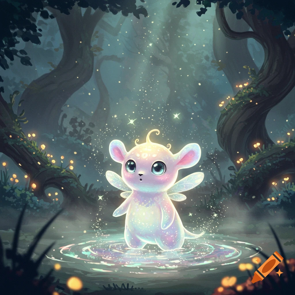 A cute, light-pink, winged creature with big blue eyes stands in a magical glowing puddle in a mystical forest, fantasy art.