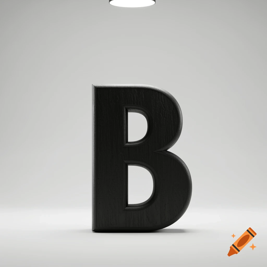A large, dark textured letter B stands illuminated on a light gray background.
