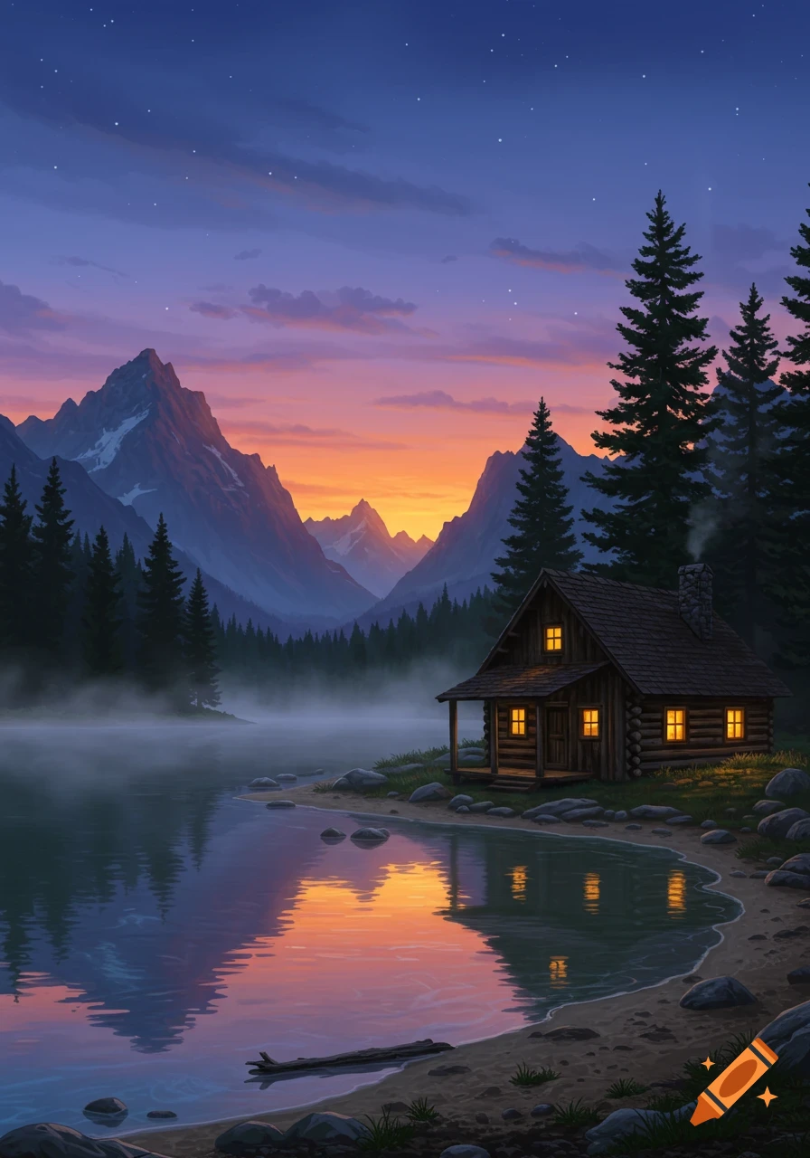 A rustic log cabin with glowing windows sits by a misty lake, surrounded by pine trees and mountains under a vibrant sunset sky.