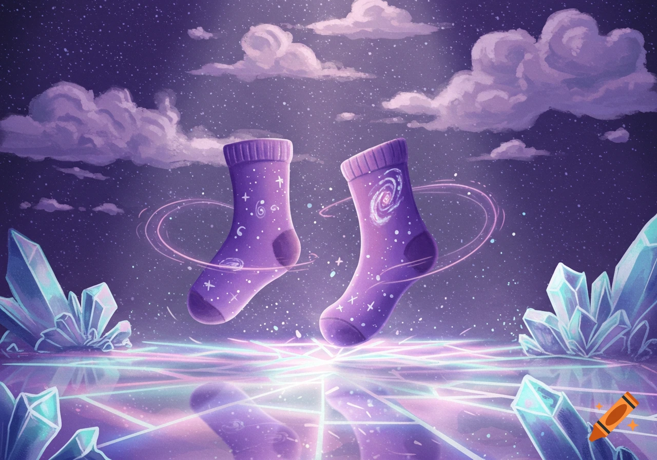 Two purple socks decorated with stars and galaxies float amidst glowing crystals and neon grids under a starry purple sky with clouds.