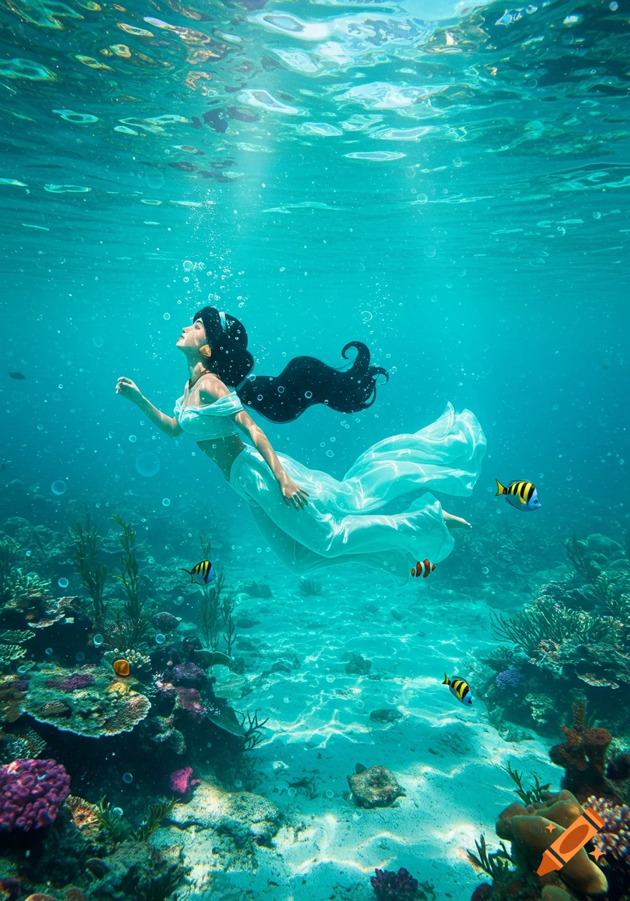 Jasmine swims gracefully underwater in a flowing white dress, surrounded by coral and fish, with sunlight filtering from the surface.