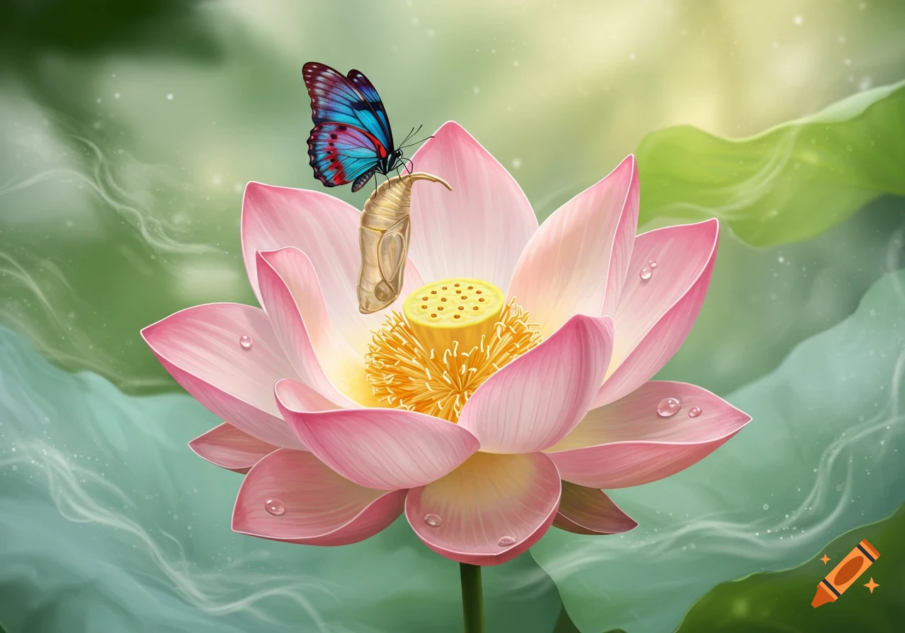 A vibrant blue and red butterfly rests on a golden chrysalis atop a pink lotus flower with water droplets.