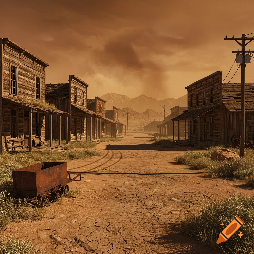 A deserted old western town under an orange, cloudy sky, with wooden buildings, a dusty road, and an old mine cart.