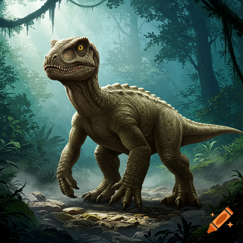 A detailed illustration of a large, green-scaled dinosaur with powerful legs and yellow eyes, standing on a rocky path in a misty, lush jungle.