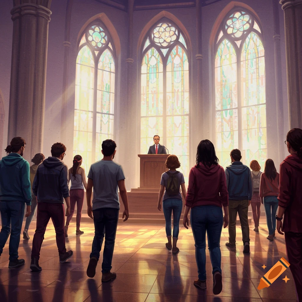 People walk away from a speaker at a podium in a grand hall with large, colorful stained glass windows and sunlight streaming in.