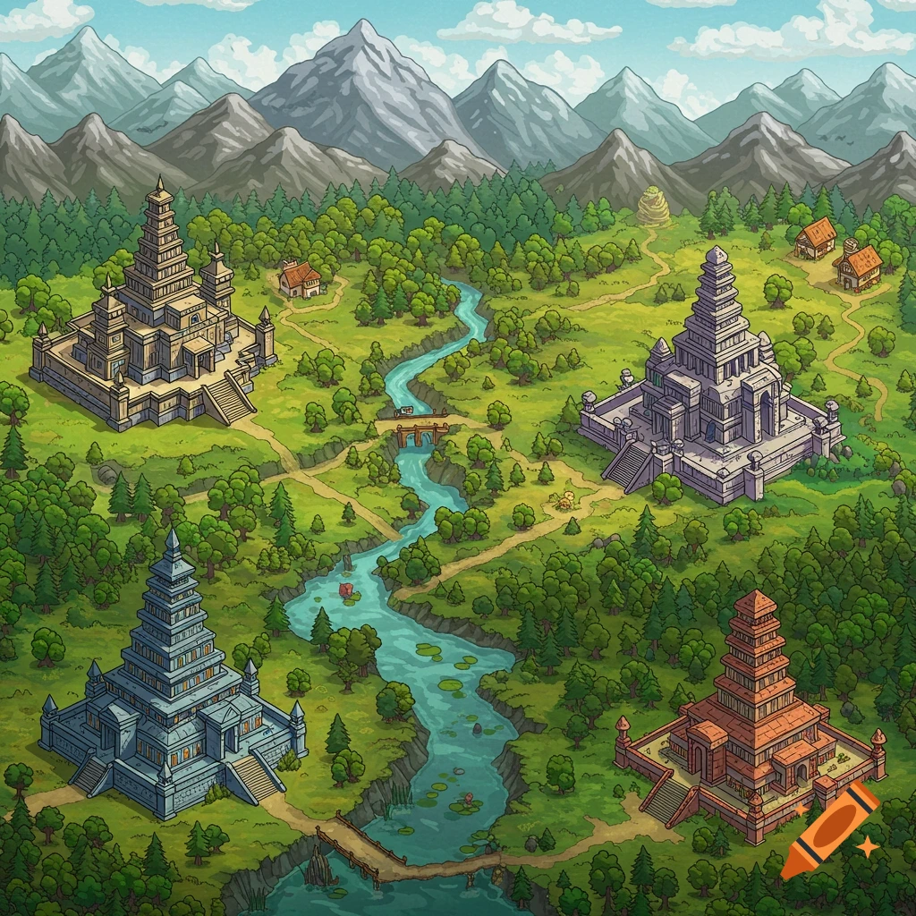 An isometric overworld map in a retro RPG video game style, featuring four ancient temples, a winding river, forests, mountains, and small villages.