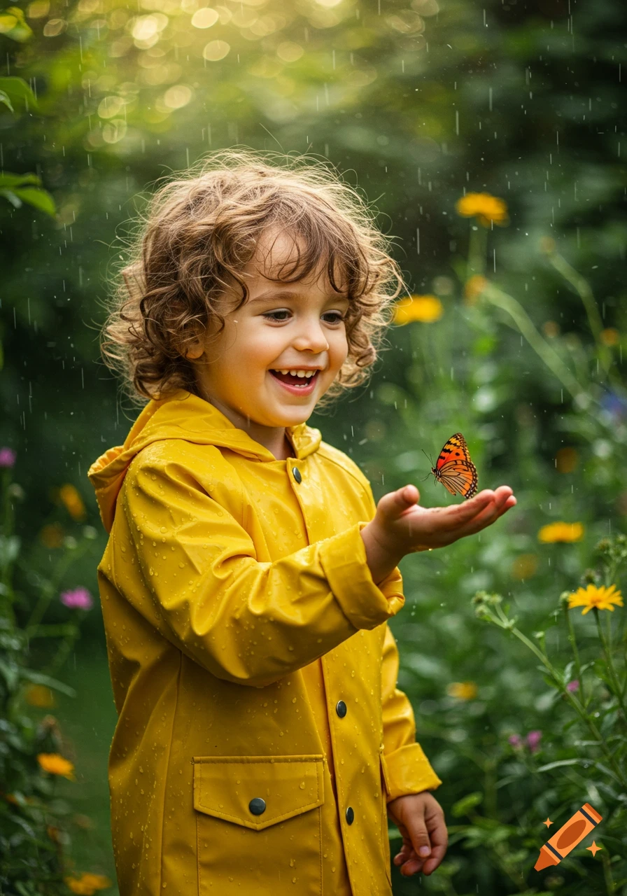 A smiling young child in a yellow raincoat holds a butterfly on their hand in a light rain in a green garden.