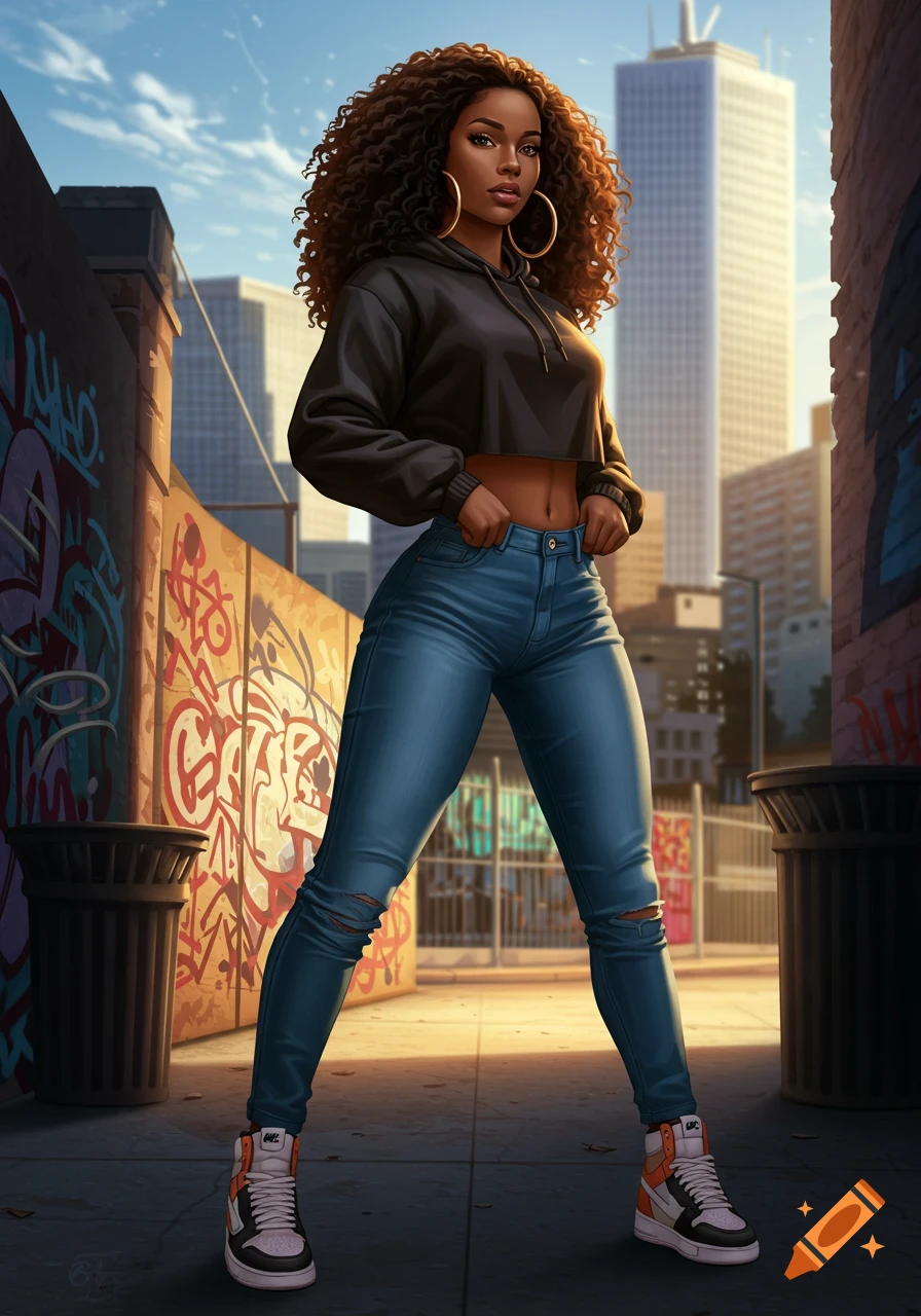 A confident African-American woman with curly hair, wearing a cropped hoodie, jeans, and sneakers, stands in an urban alley with graffiti walls.