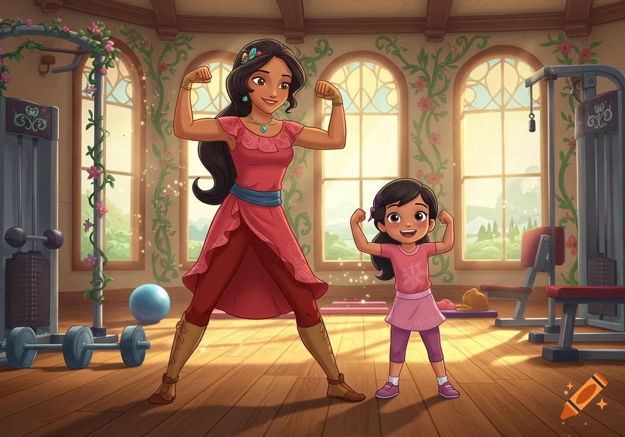 Cartoon of Elena of Avalor and her little sister happily flexing muscles in a bright, decorated gym.