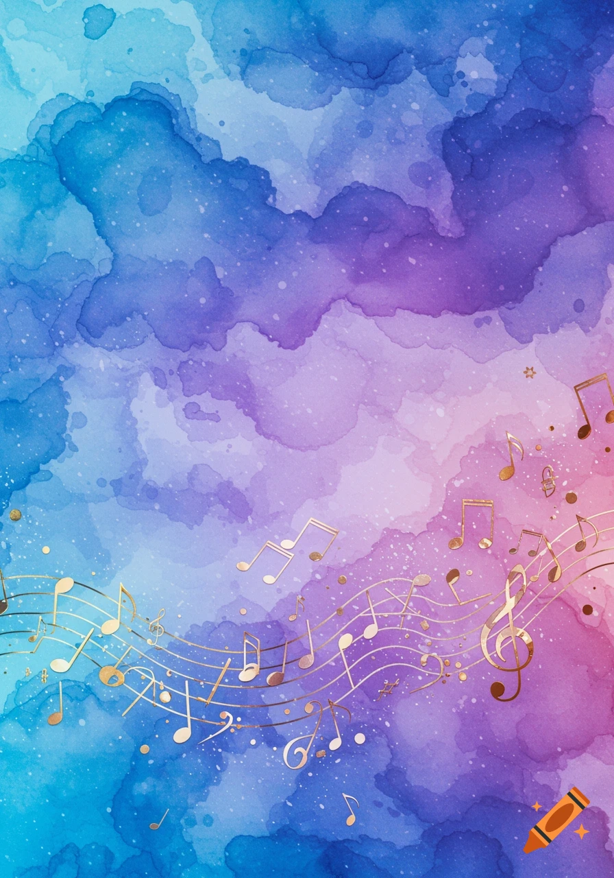 Blue, purple, and pink watercolor background with golden musical notes and symbols.
