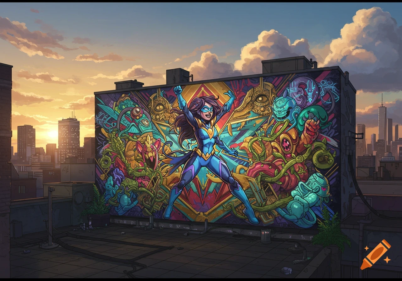 A vibrant, comic book-style mural of a female superhero in a blue and purple suit on a city rooftop at sunset.