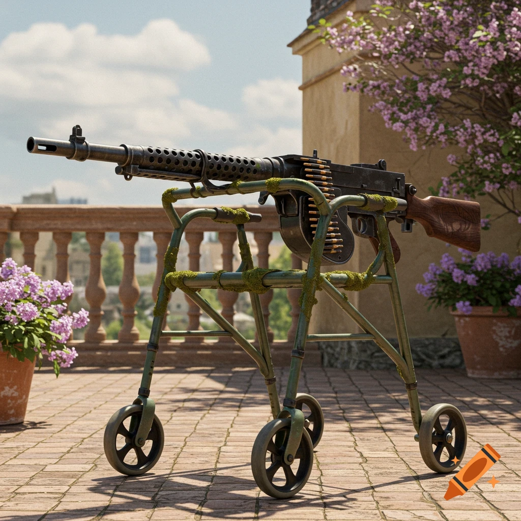 Photorealistic M1919A4 machine gun on a moss-covered senior citizen's walker on an outdoor patio.