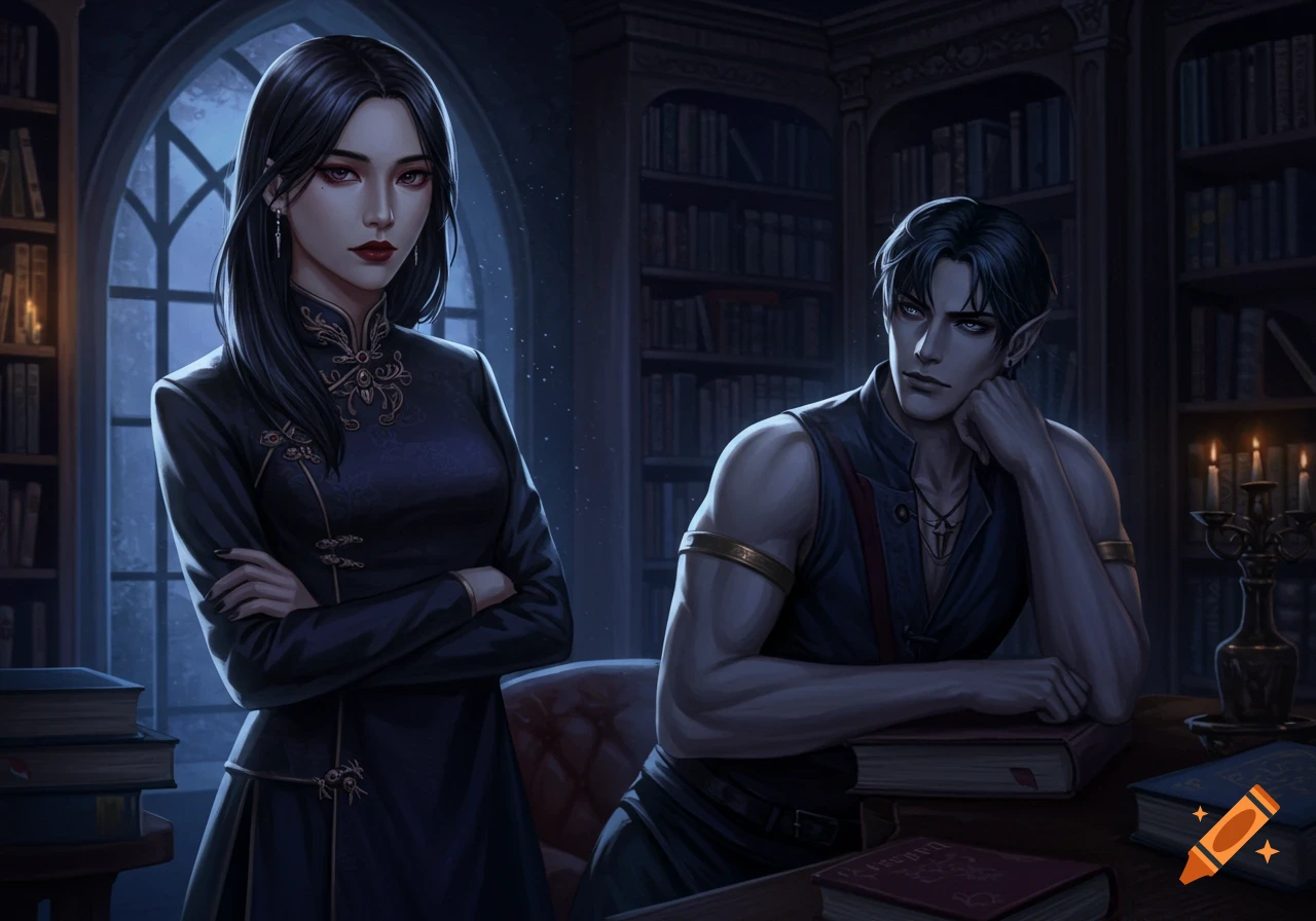 Digital painting of a dark-haired woman and an elf-like man in a dimly lit library surrounded by books.