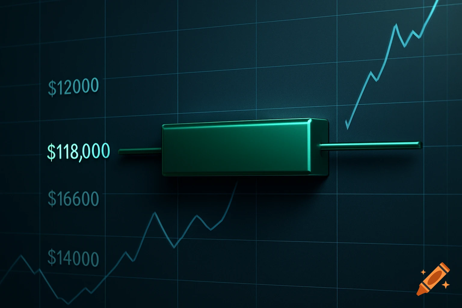 A stylized 3D financial chart with a green horizontal candle at $118,000, against a dark grid background with a fluctuating line.