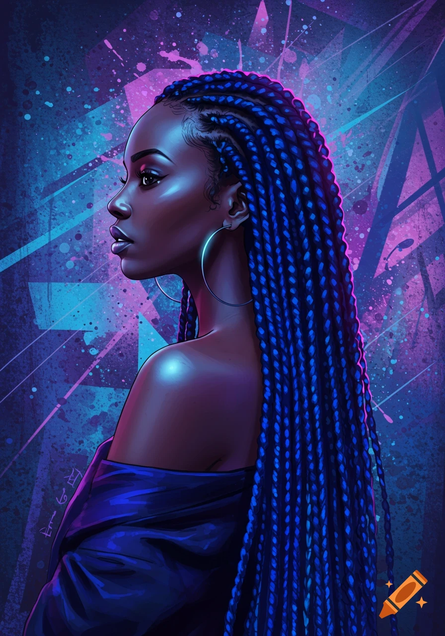 Digital art portrait of a Black woman with long, glowing blue box braids against a vibrant neon blue and purple background.