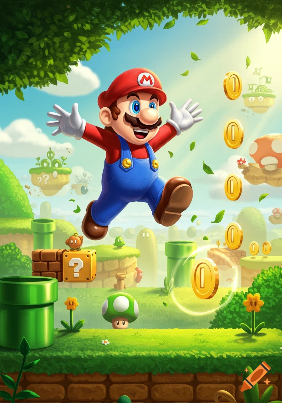 Mario jumping in a vibrant, colorful classic video game landscape with coins, question blocks, and pipes.
