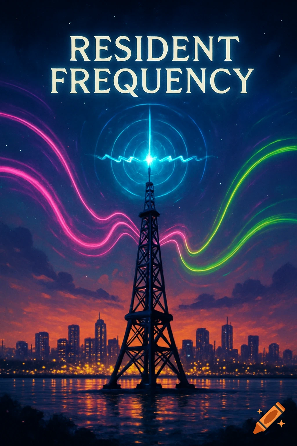 Vibrant album cover with a radio tower emitting a blue pulse, city skyline at dusk, and swirling pink and green neon light trails.