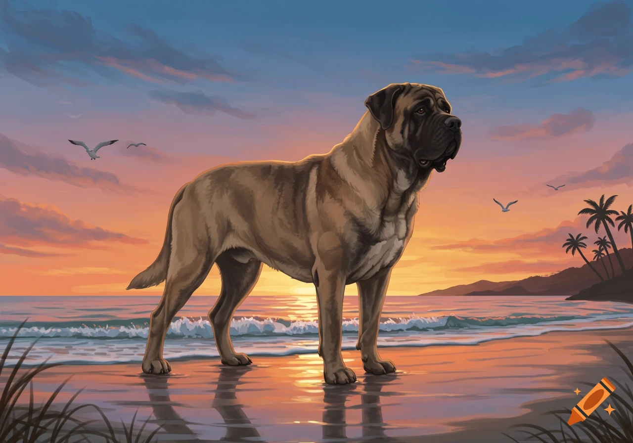 A mastiff dog stands on a beach at sunset with palm trees and mountains, in a painterly style.