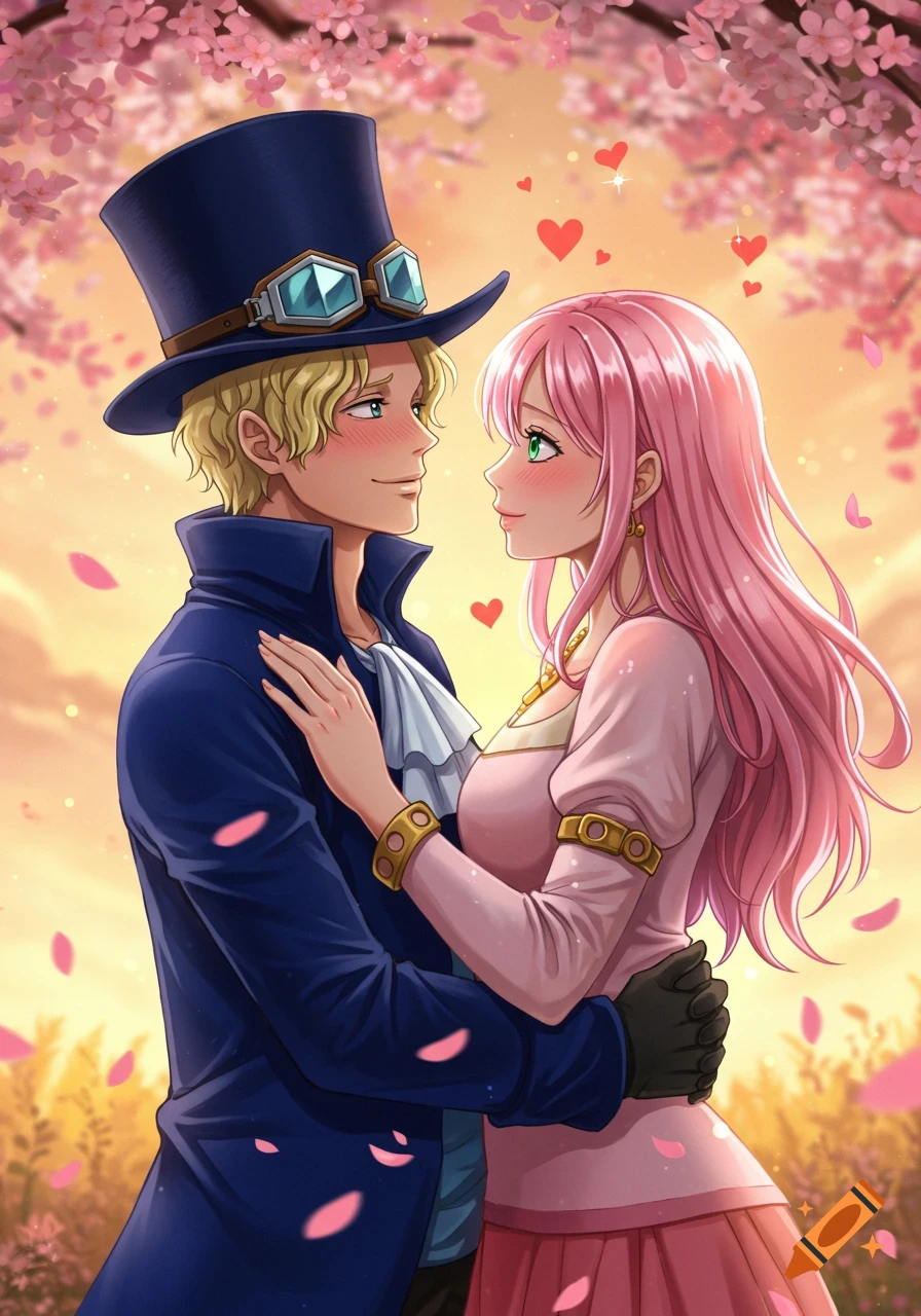 Anime man and woman embracing under cherry blossoms at sunset, hearts floating around them.