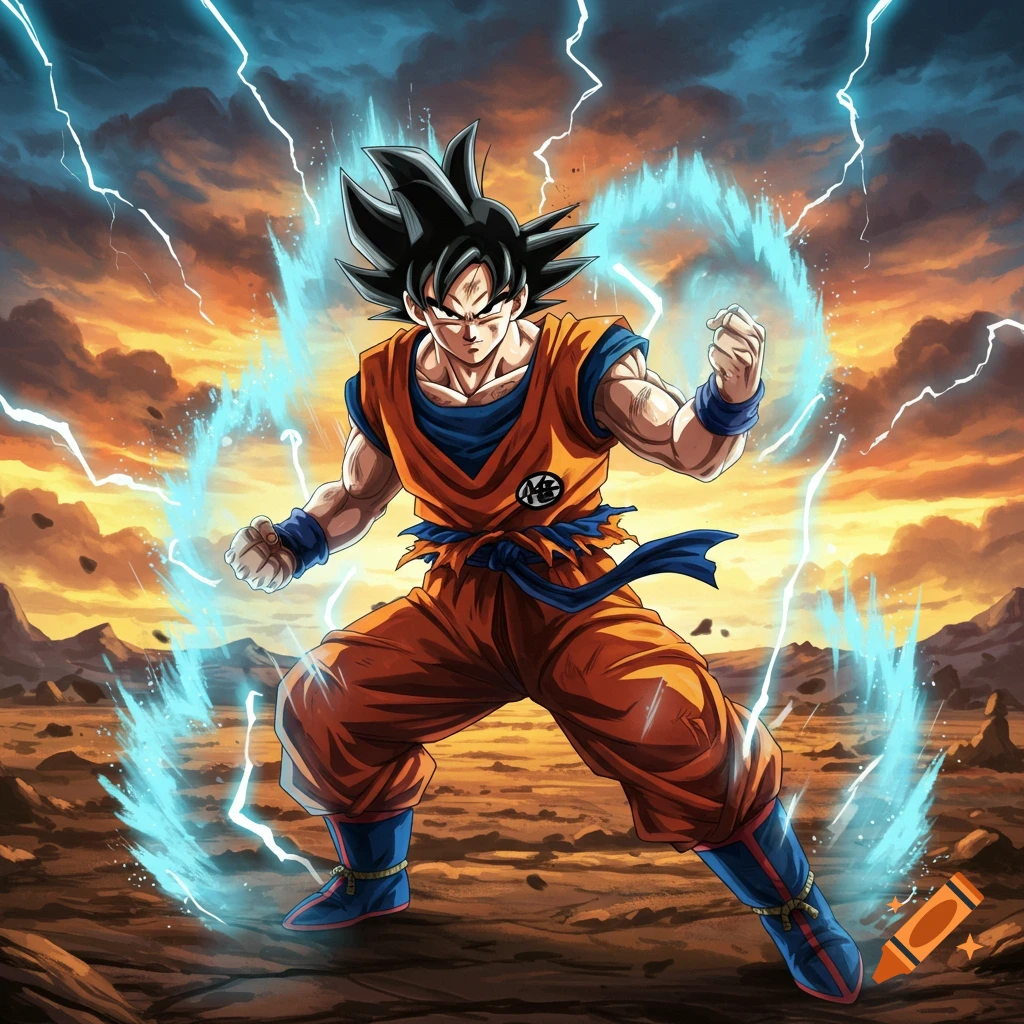 Goku from Dragon Ball Z in his signature orange gi, surrounded by a blue aura and lightning, standing in a desolate landscape at sunset in an anime style.