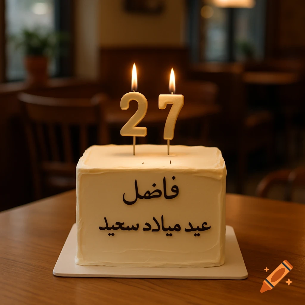 A square white birthday cake with lit candles shaped like 2 and 7, and Arabic text, sits on a wooden table in a cafe.