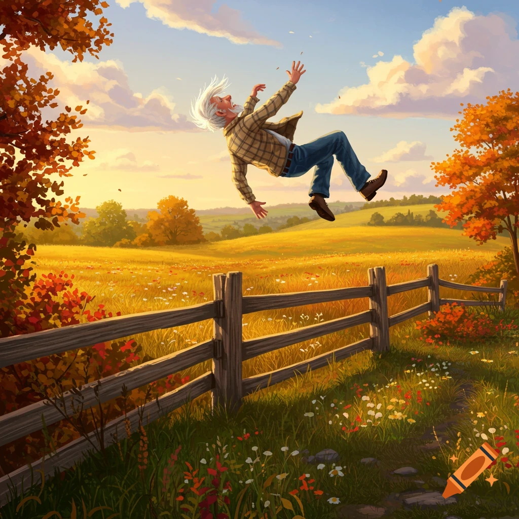 An old man in a plaid shirt and jeans does a backflip over a wooden fence in a sunny autumn field.